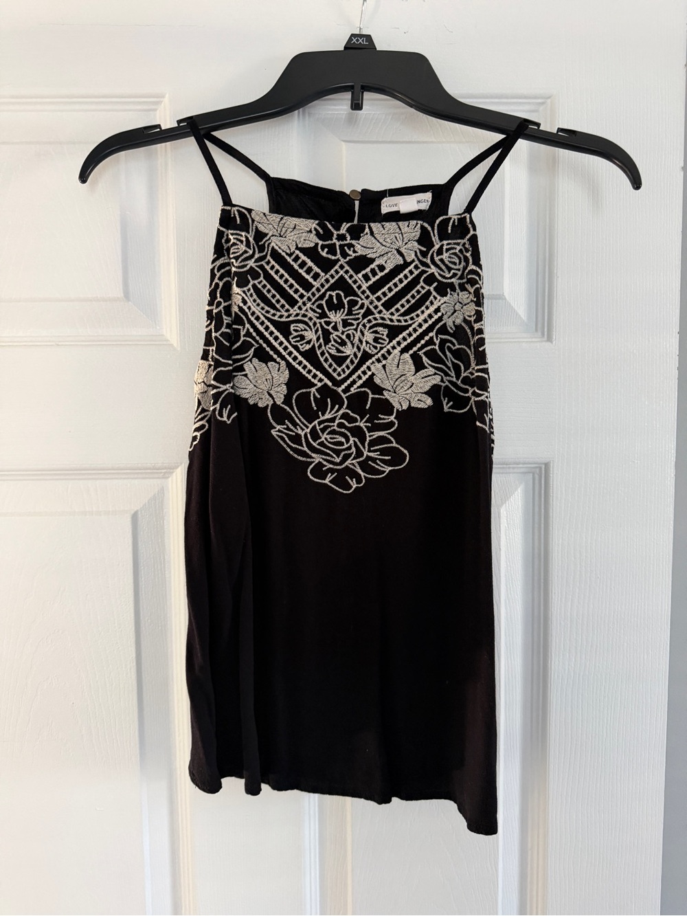 love on a hanger Black Mini Dress with Cream Floral Embroidery